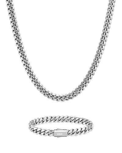 PLAIN SET - 8mm キューバン チェーン & ブレスレットセット (White Gold)