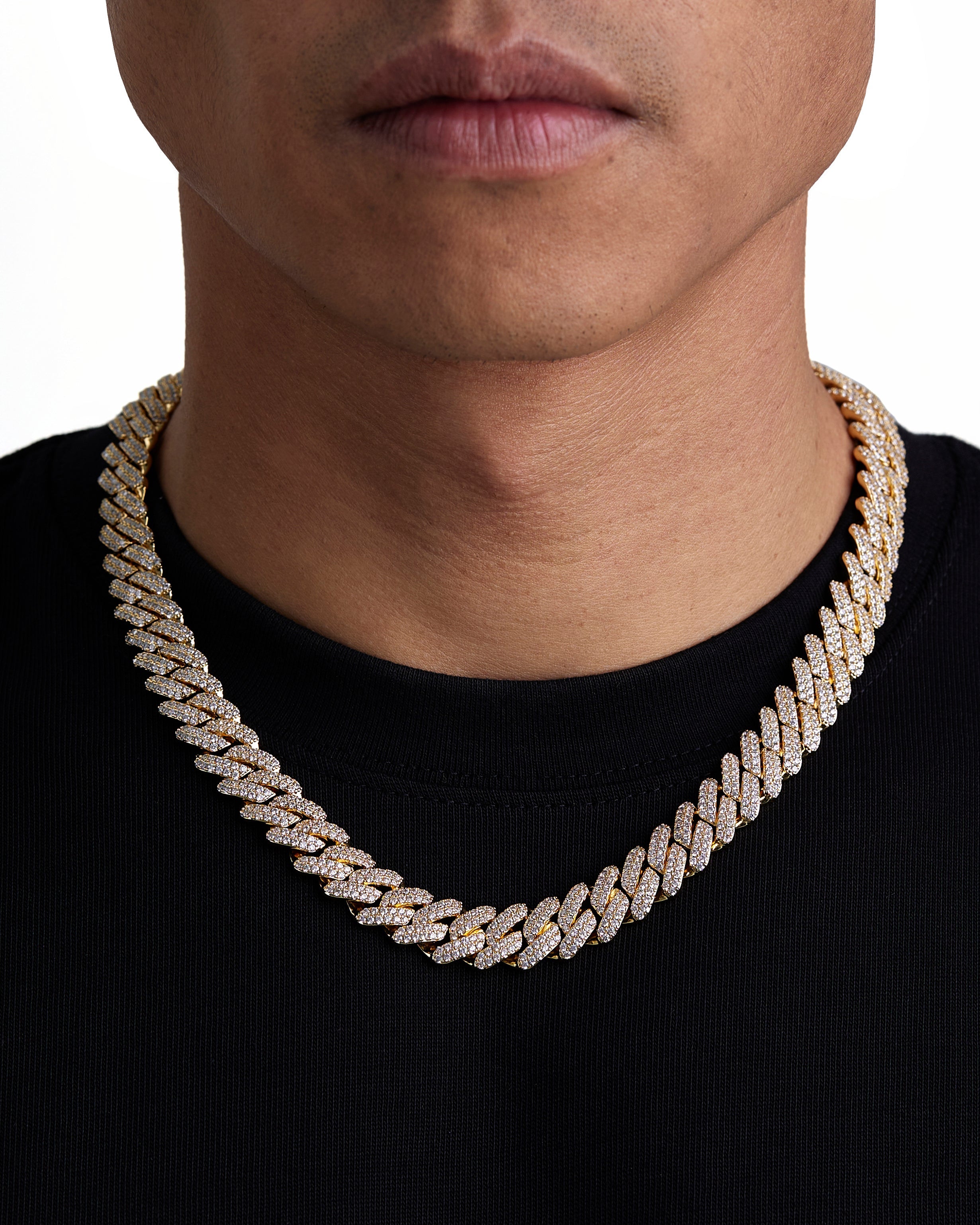 Model wearing 13mm 18K gold ice prong cuban necklace by Iceman Society, front view