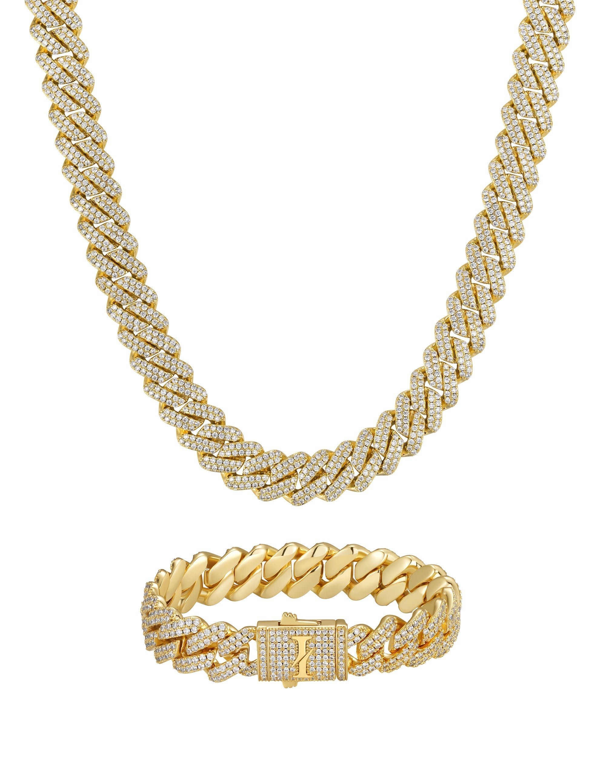 13mm 18K gold ice prong cuban chain necklace and bracelet set by Iceman Society