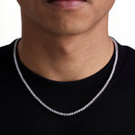 Model wearing 3mm white gold tennis necklace by Iceman Society, front view