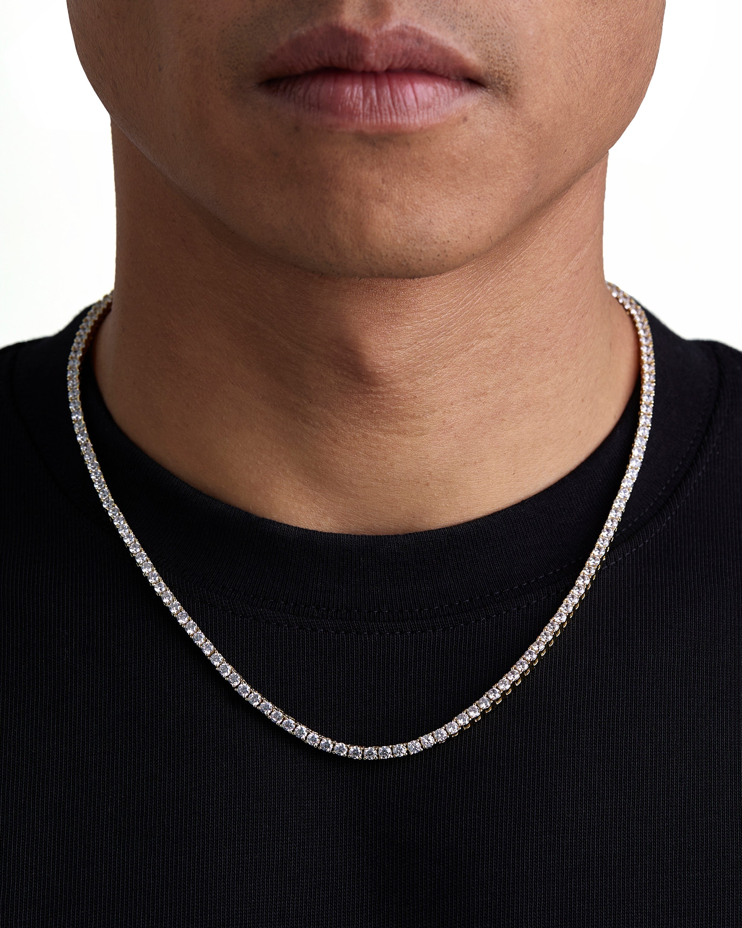 Model wearing 3mm 18K gold ice sparkler tennis chain set by Iceman Society, front view