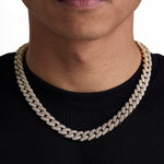 Model wearing 12mm 18K gold iceman cuban necklace by Iceman Society, front view