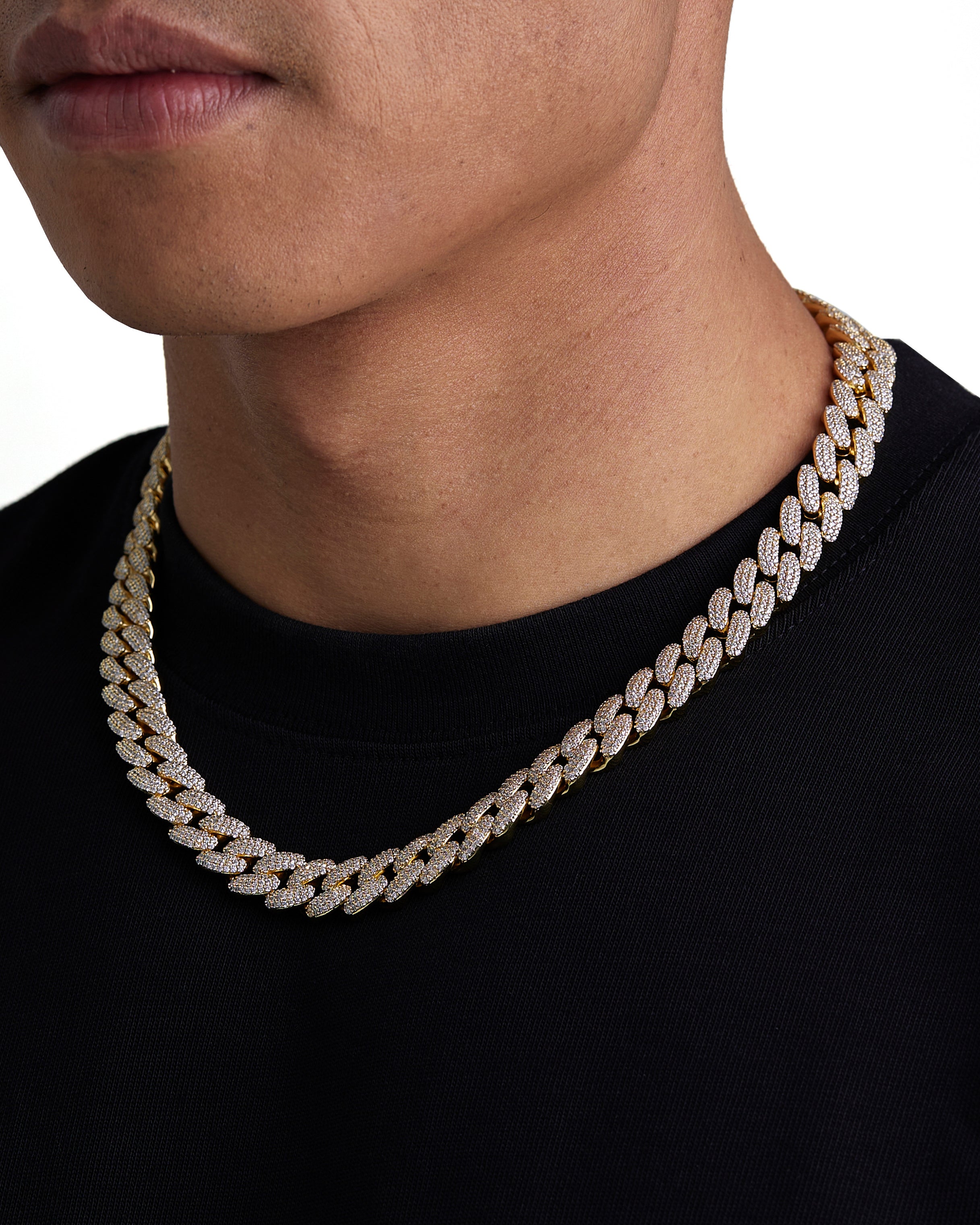 Model wearing 12mm 18K gold iceman cuban necklace by Iceman Society, side view
