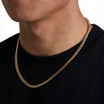 Model wearing 5mm 18k gold plain cuban necklace by Iceman Society, side view