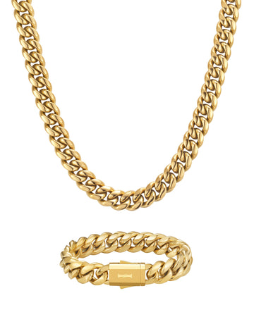 PLAIN SET - 12mm キューバン チェーン & ブレスレットセット (18K Gold)