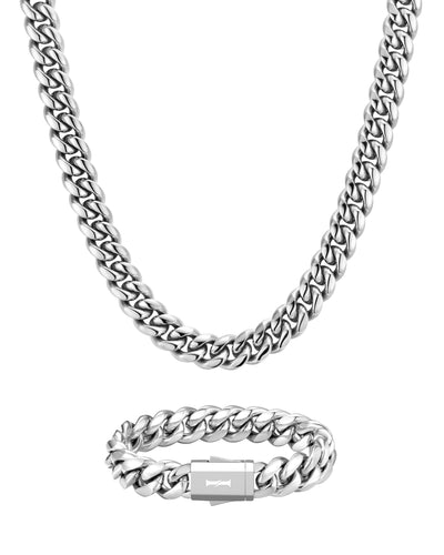 PLAIN SET - 12mm キューバン チェーン & ブレスレットセット (White Gold)