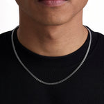 Model wearing 3mm white gold plain cuban chain set by Iceman Society, front view