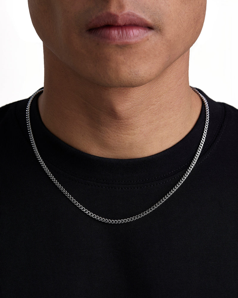 PLAIN SET 3mm キューバン チェーン & ブレスレットセット White Gold 着用写真