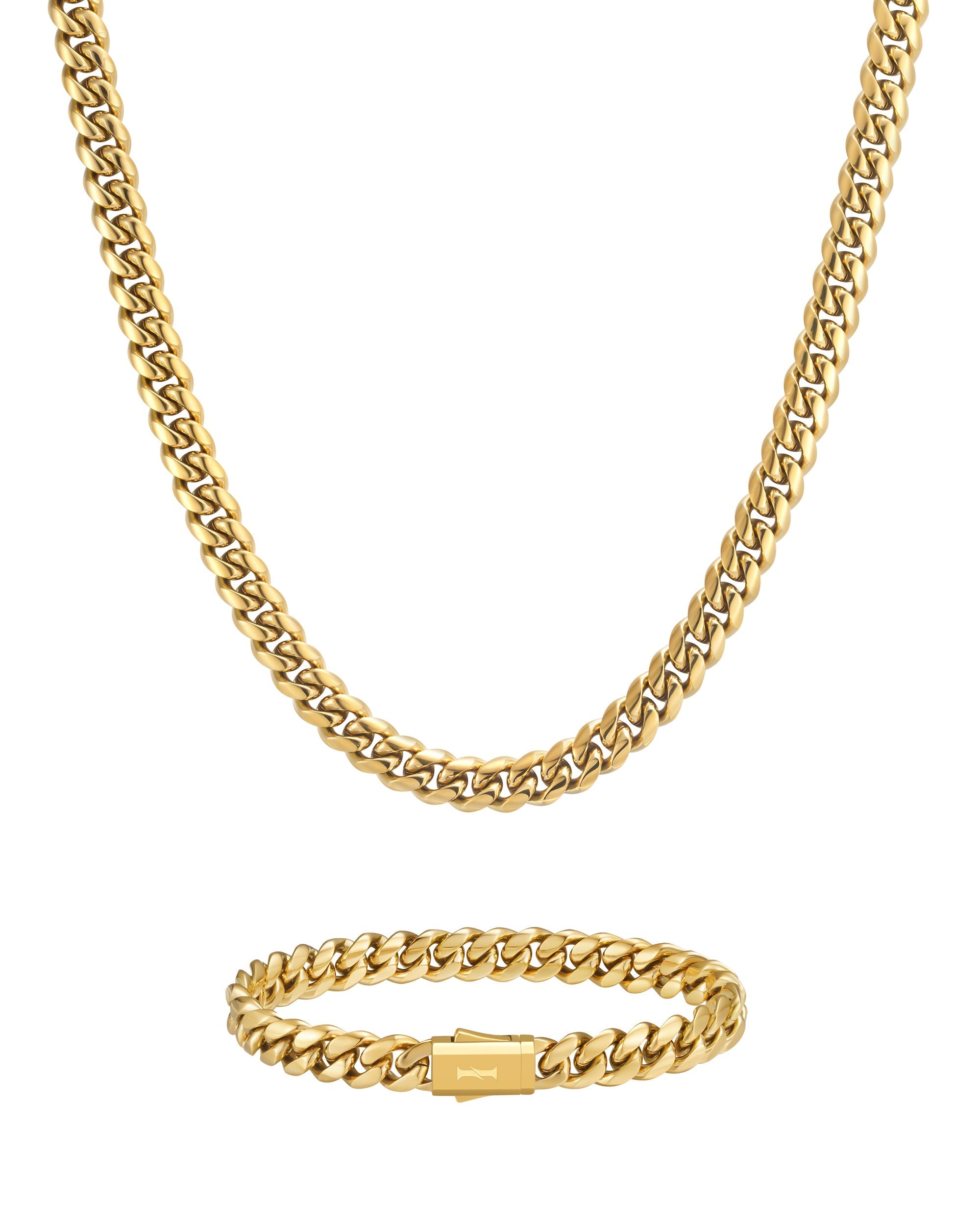 8mm 18K gold plain cuban chain necklace and bracelet set by Iceman Society
