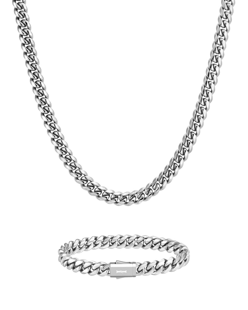 PLAIN SET 8mm キューバン チェーン & ブレスレットセット White Gold 商品写真