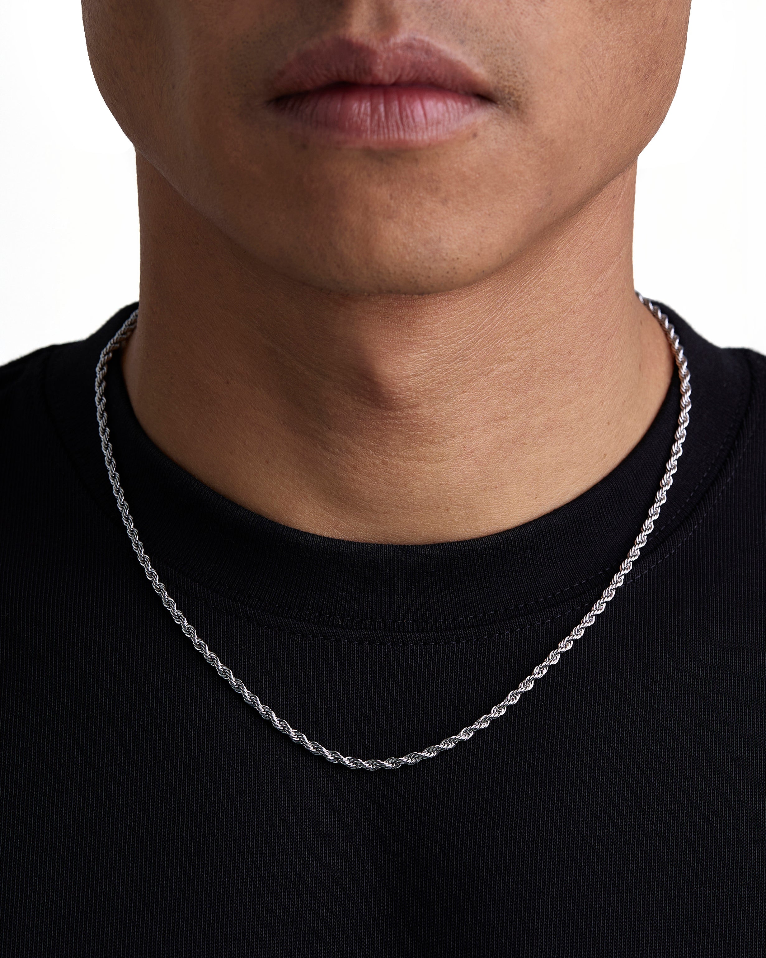 Model wearing 3mm white gold rope necklace by Iceman Society, front view