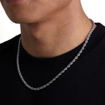 Model wearing 4mm white gold rope necklace by Iceman Society, side view