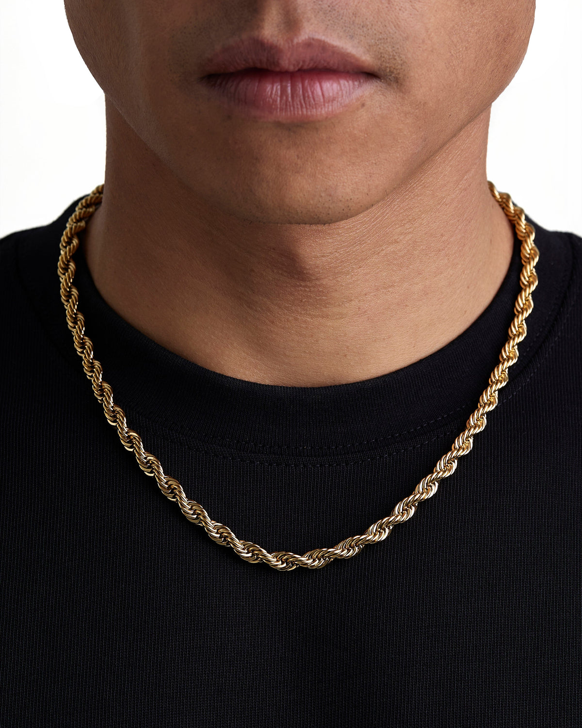 Model wearing 6mm 18k gold rope necklace by Iceman Society, front view