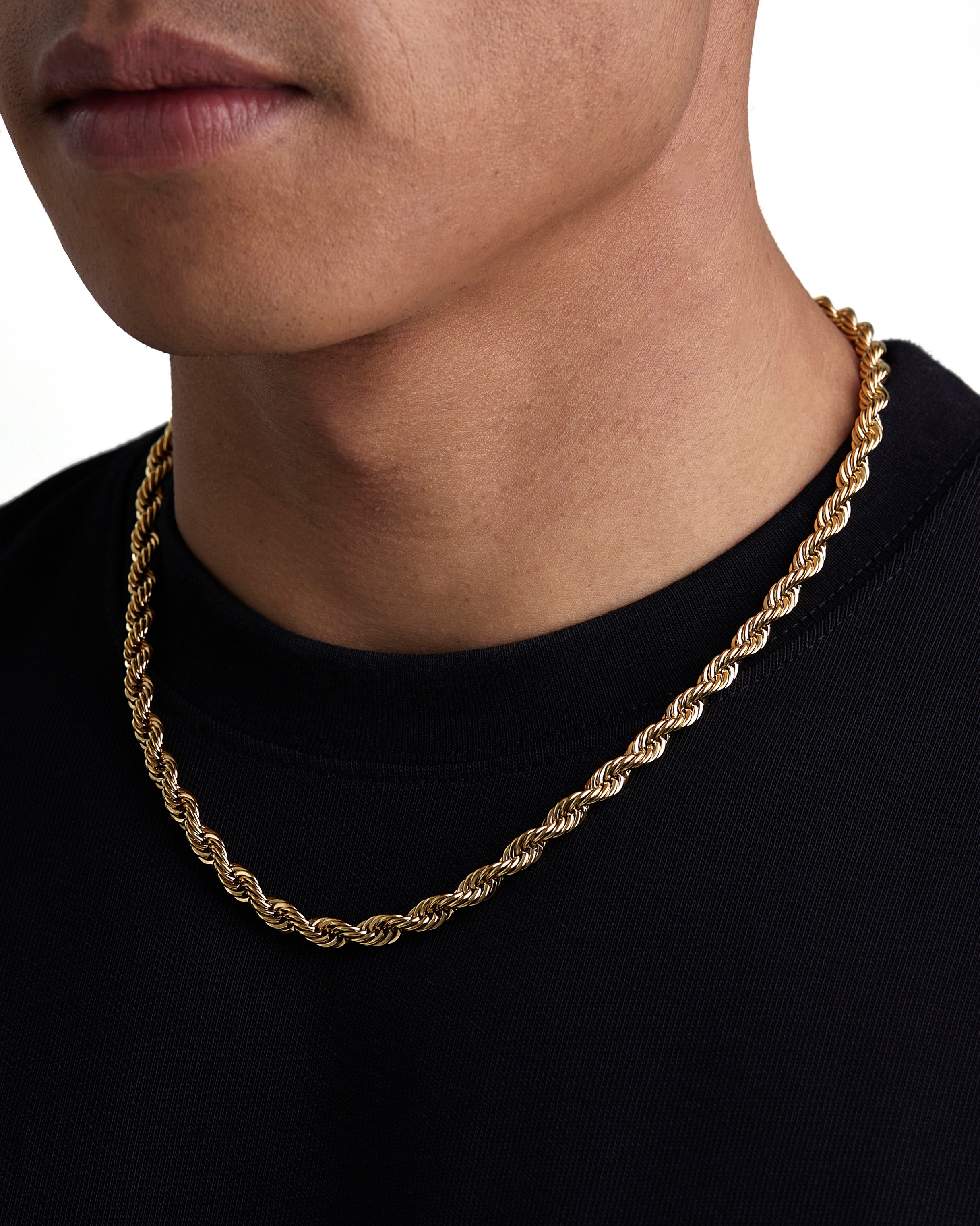 Model wearing 6mm 18k gold rope necklace by Iceman Society, side view