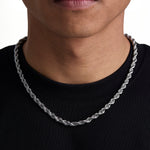 Model wearing 6mm white gold rope necklace by Iceman Society, front view