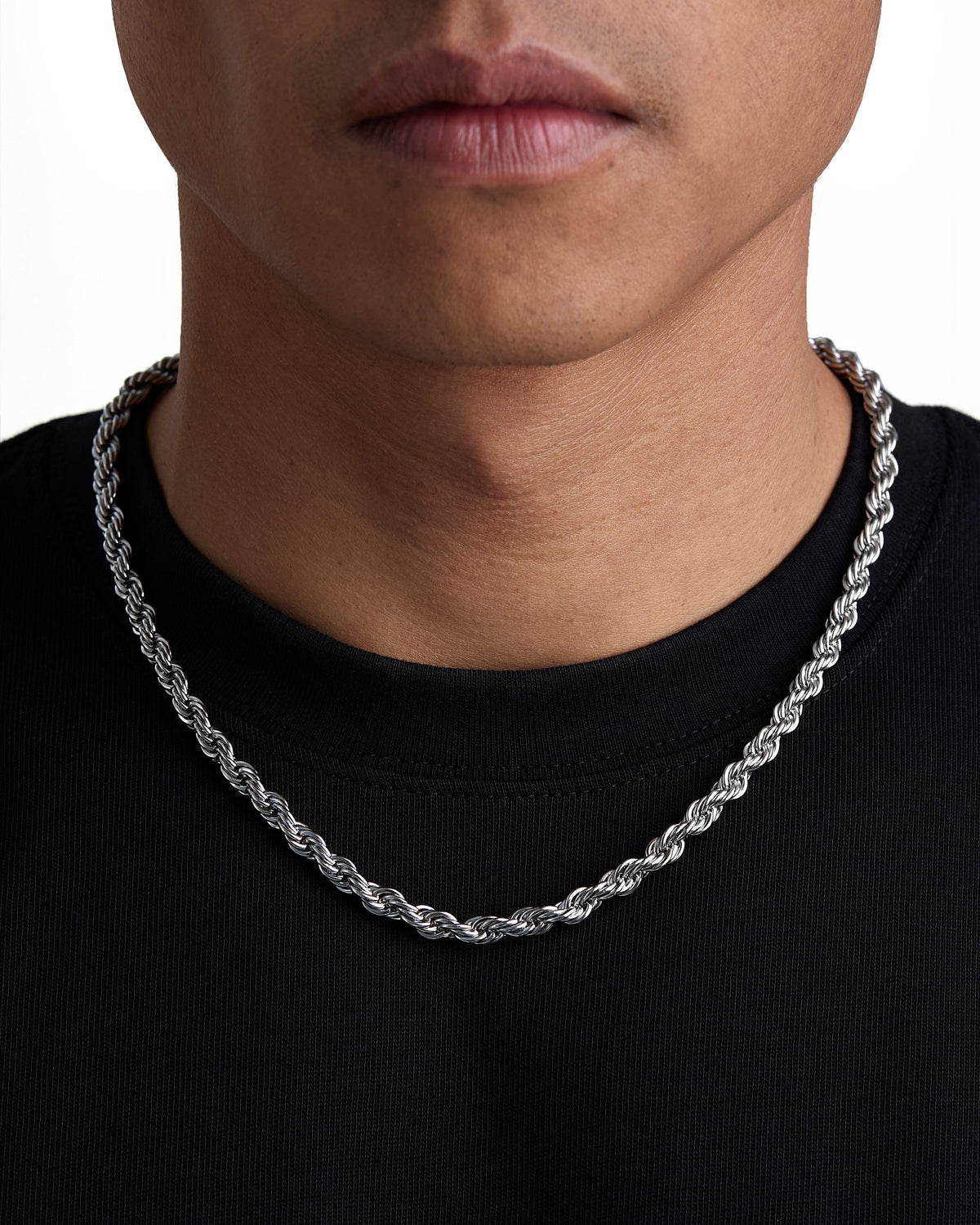 Model wearing 6mm white gold rope necklace by Iceman Society, front view