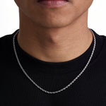 Model wearing 3mm white gold rope chain set by Iceman Society, front view