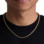 Model wearing 4mm 18k gold rope chain set by Iceman Society, front view