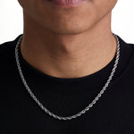 Model wearing 4mm white gold rope chain set by Iceman Society, front view